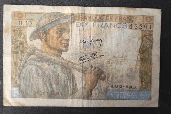 france billet de 10 francs mineur du 25/03/1943 o.40 ref : f.08/08