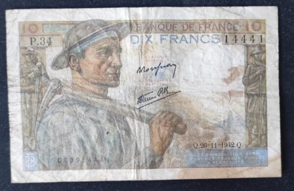 france billet de 10 francs mineur du 26/11/1942 p.34 ref : f.08/06 radar