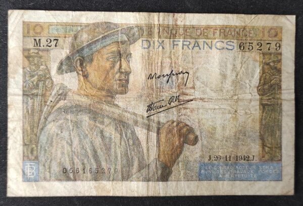 france billet de 10 francs mineur du 26/11/1942 m.27 ref : f.08/06