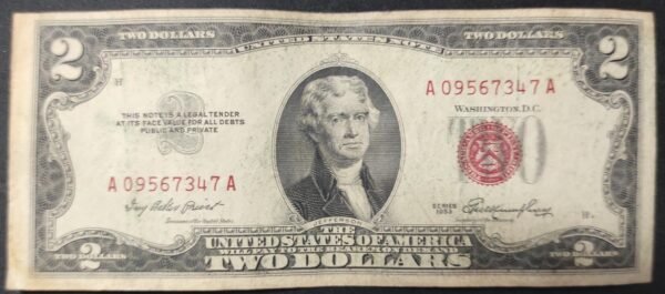 etats unis d'amérique usa billet de 2 dollars sceau rouge 1953aa !