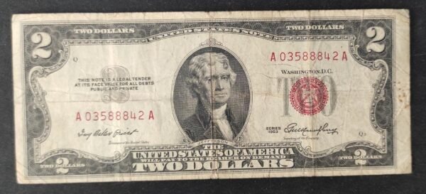 etats unis d'amérique usa billet de 2 dollars sceau rouge 1953 aa ! (copie)