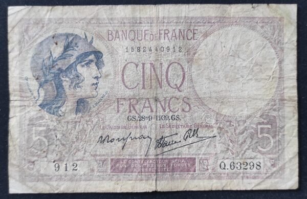 france billet de france 5 francs violet du 28/09/1939 q.63298 ref f.04/10