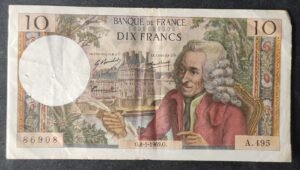 france billet de 10 francs voltaire du 08/05/1969 a.495 ref : f.62/38