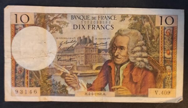 france billet de 10 francs voltaire du 04/04/1968 v.409 ref : f.62/32