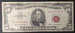 etats unis d'amérique usa billet de 5 dollars sceau rouge 1963 aa ! (copie)