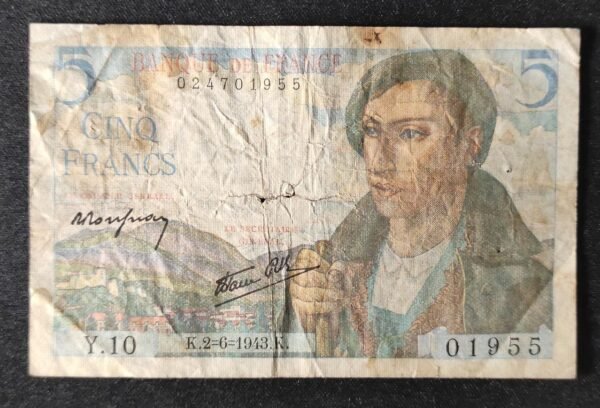 france billets de 5 francs berger du 02/06/1943 z.10 ref : f.05/01 1er date (copie)