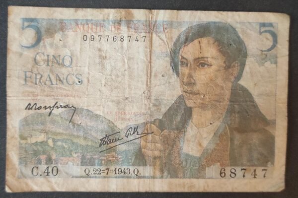 france billets de 5 francs berger du 22/07/1943 c.40 ref : f.05/02 (copie)