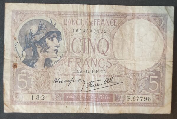 france billet de 5 francs violet du 26/12/1940 m.68094 ref f.04/18 dernière date (copie)